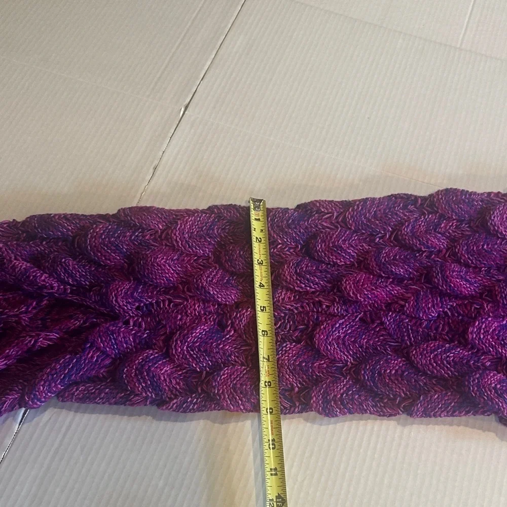 Purple pink and bluish knitted Mermaid Tail Blanket costume with fringe at ends